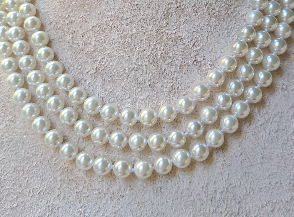 White 3 Layer Sea Pearl Necklace, 8 mm, 22 inches — view 2