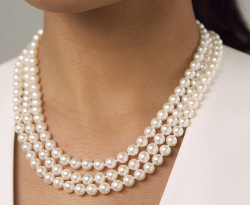 White 3 Layer Sea Pearl Necklace, 8 mm, 22 inches — view 5
