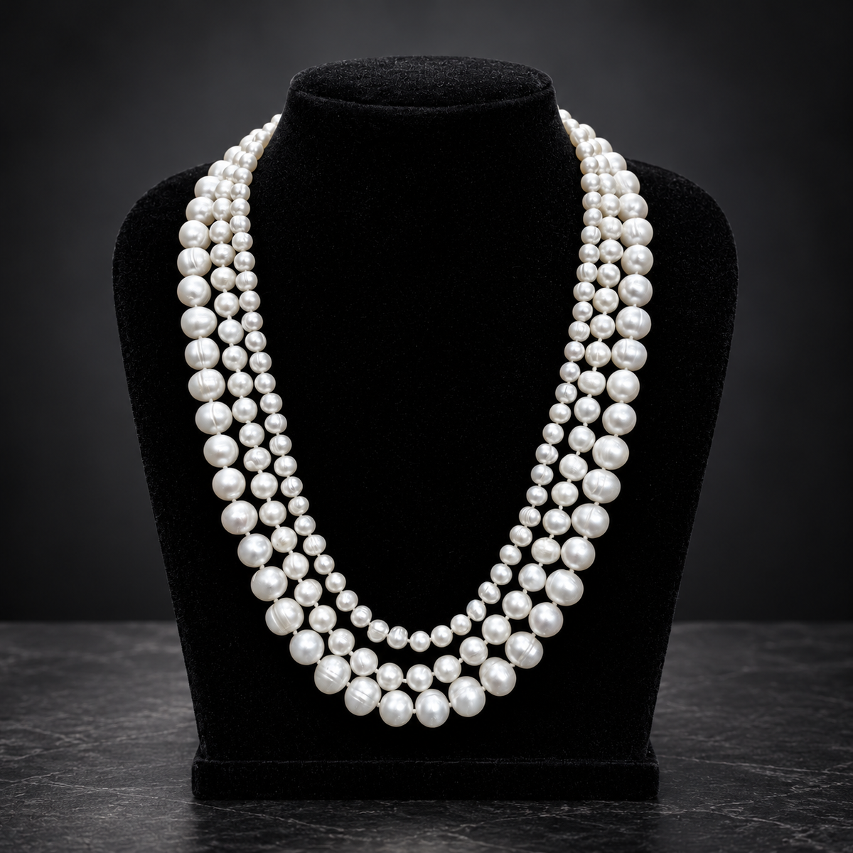Manci Pearls signature white triple-strand sea pearl necklace with 7mm, 9mm and 11mm pearls, product photo 2