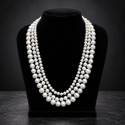 Manci Pearls signature white triple-strand sea pearl necklace with 7mm, 9mm and 11mm pearls, product photo 2