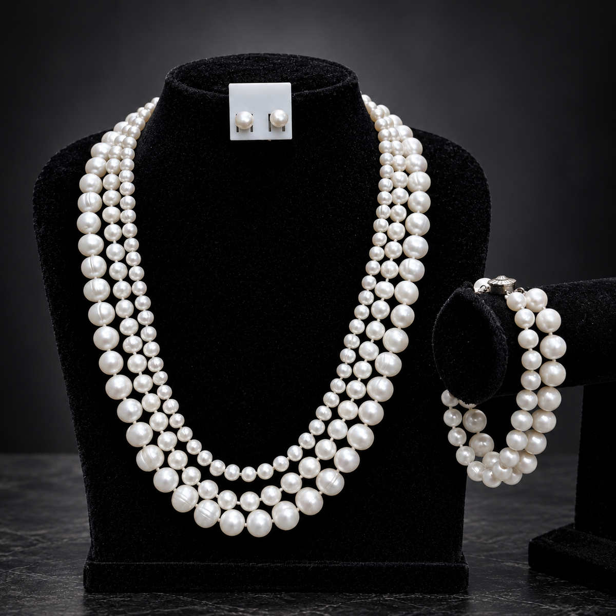 Manci Pearls signature white triple-strand sea pearl necklace with 7mm, 9mm and 11mm pearls, product photo 1