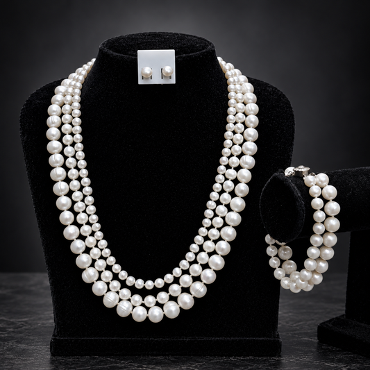 Manci Pearls signature white triple-strand sea pearl necklace with 7mm, 9mm and 11mm pearls, product photo 1