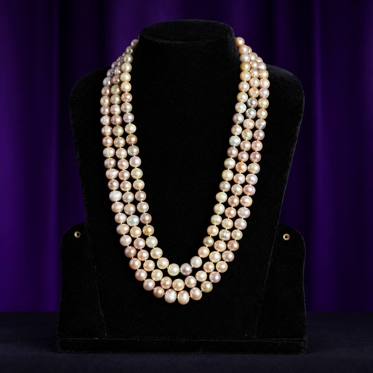 Manci Pearls three-strand lavender sea pearl necklace, 10–11 mm pearls, view 2