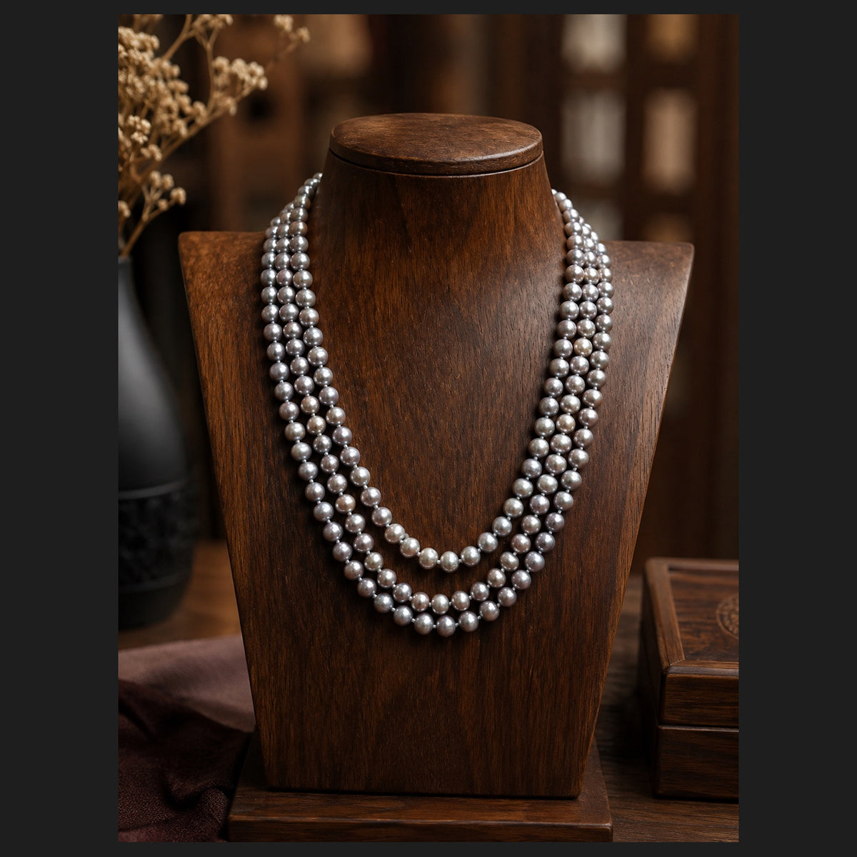 Peacock Grey Sea Pearl Necklace, 8 mm, 22 inches — Main Product Triple Strand Square
