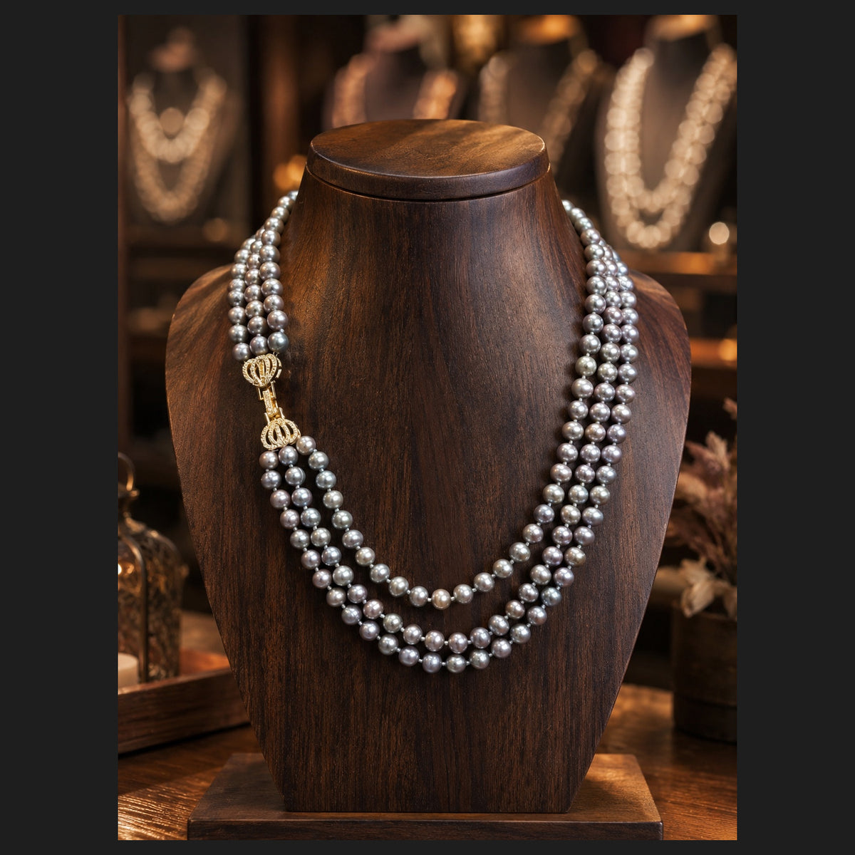 Peacock Grey Sea Pearl Necklace, 8 mm, 22 inches — Alternate View With Clasp Square