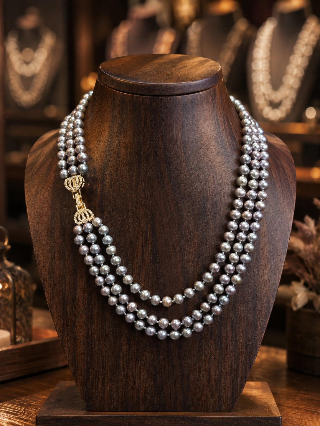 Peacock Grey Sea Pearl Necklace, 8 mm, 22 inches — Clasp And Full Necklace Portrait