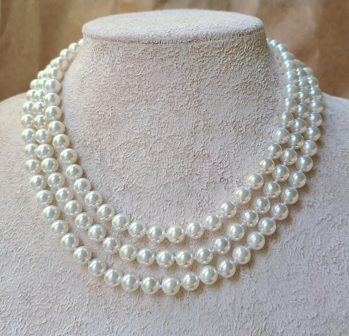 White 3 Layer Sea Pearl Necklace, 8 mm, 22 inches — view 1