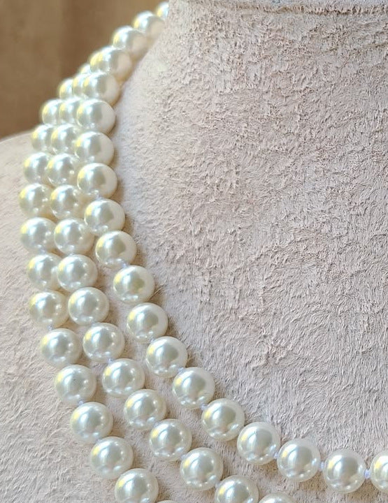 White 3 Layer Sea Pearl Necklace, 8 mm, 22 inches — view 3