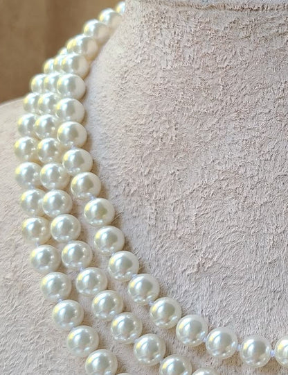 White 3 Layer Sea Pearl Necklace, 8 mm, 22 inches — view 3