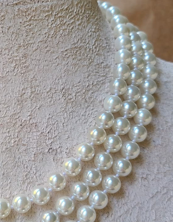 White 3 Layer Sea Pearl Necklace, 8 mm, 22 inches — view 4
